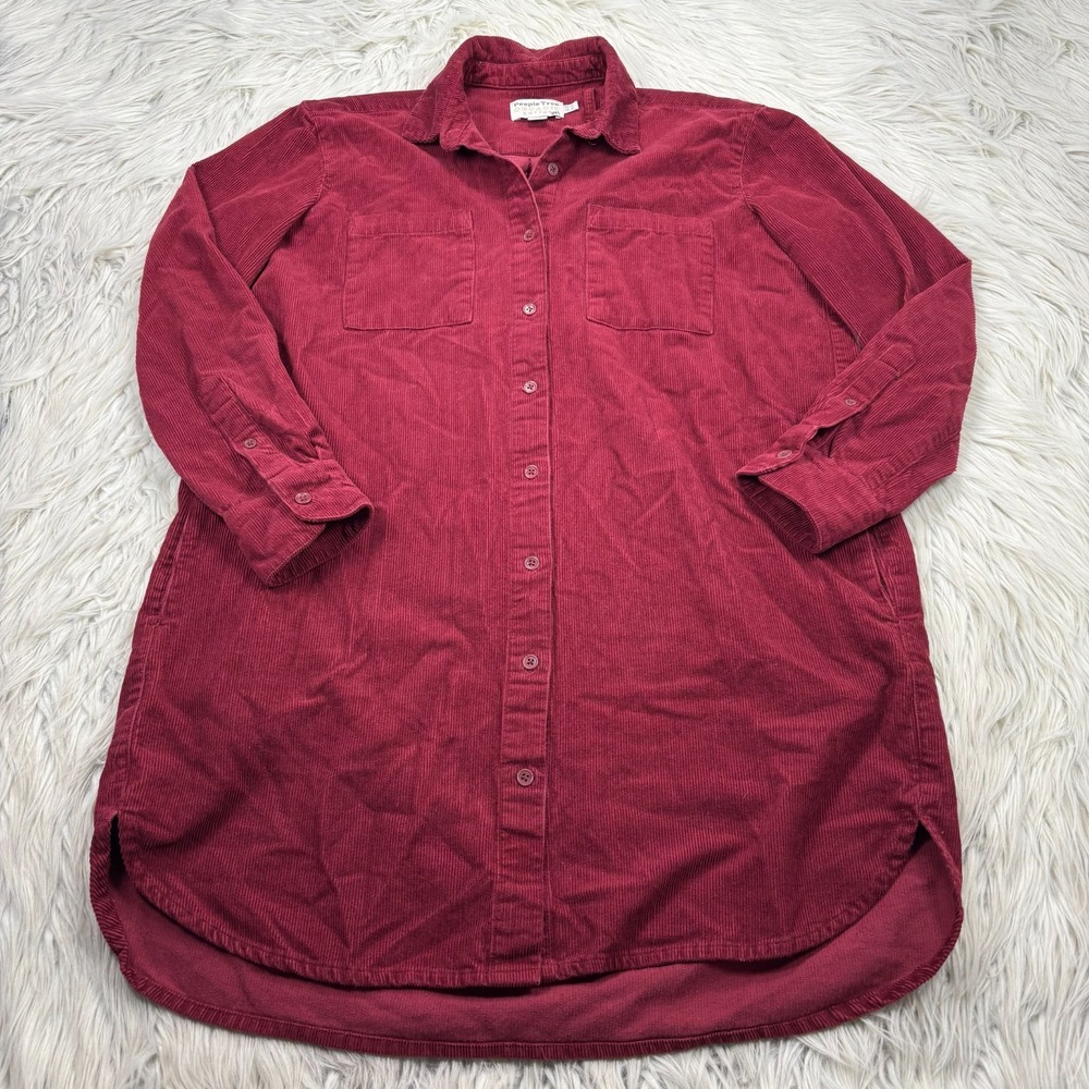 People Tree Women's US 8 Red Corduroy Button Front Shirt Dress Organic Autumn